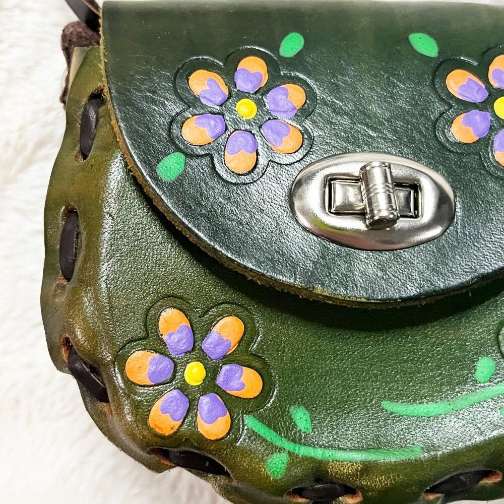 Made in Mexico Green Leather Floral Colorful Tooled Mini Crossbody Bag - Picture 3 of 15